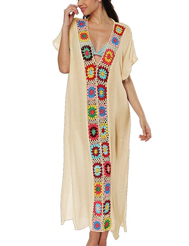 Women Bathing Suits Cover Up Ethnic Print Kaftan Beach Maxi Dress