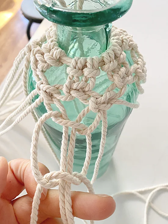 square knotted macrame cord on vase