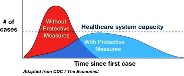 case of,without protectivemeasures,healthcare system capacity,with protective measures,time since first case