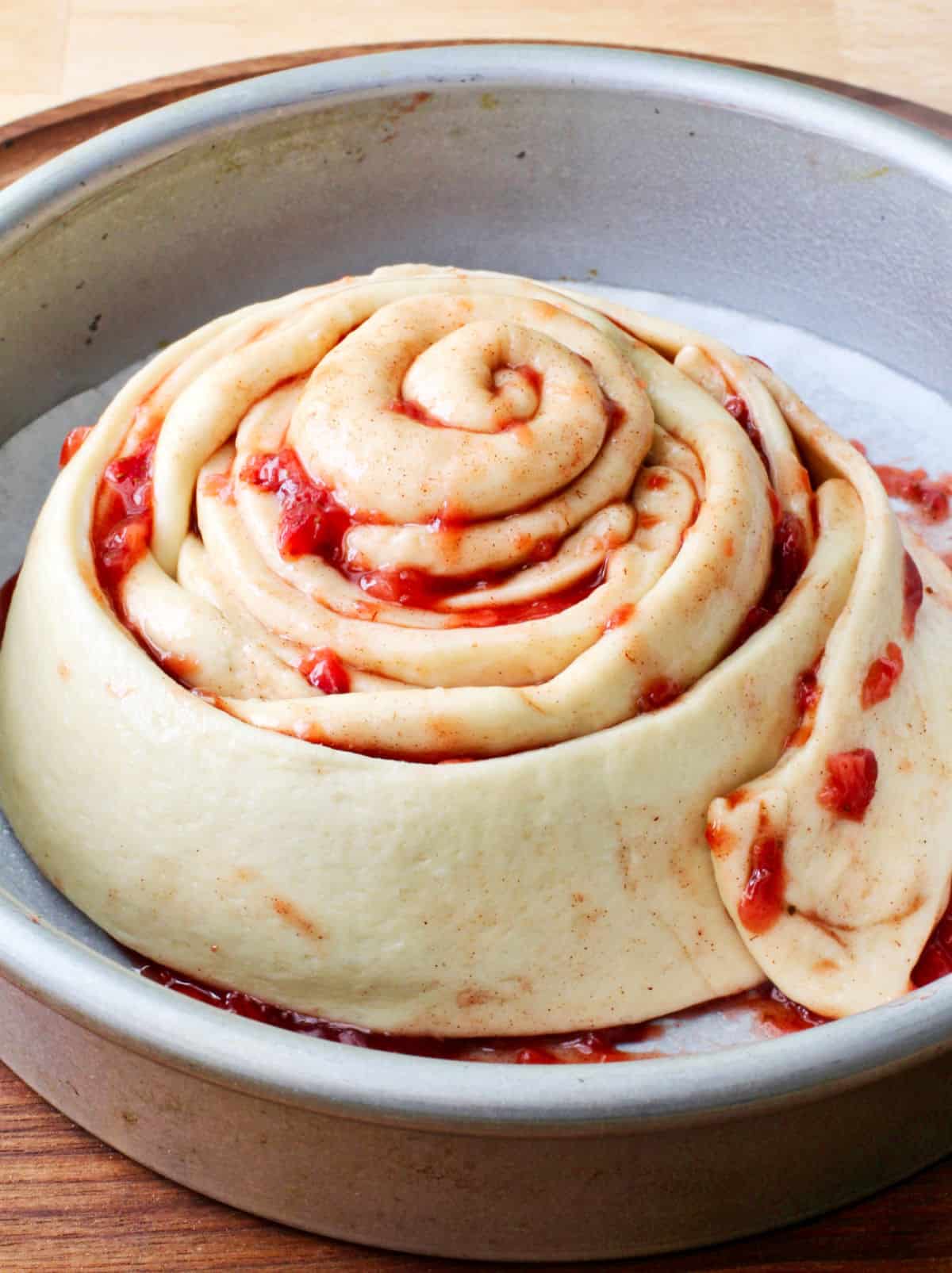 Fresh Strawberry Cinnamon Roll Cake dough after shaping.