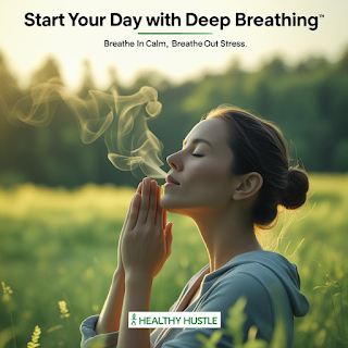 Calm nature scene with a person practicing deep breathing, highlighting the message ‘Start Your Morning with Calm’ for daily wellness.