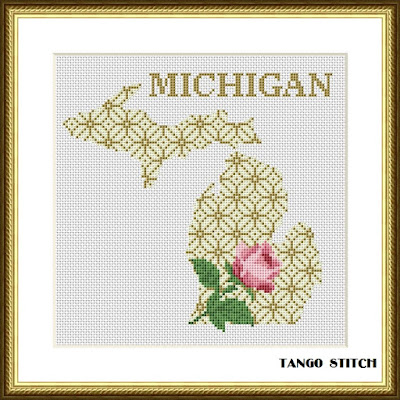 Michigan USA state map flower ornament cross stitch pattern