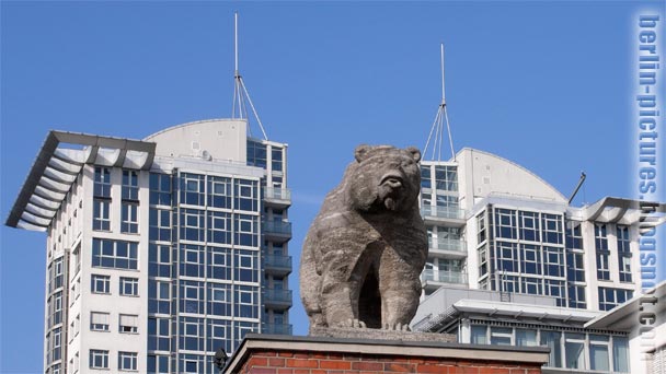 Berlin Bear Framed By The Twin Towers Office Building In Berlin Treptow, Germany