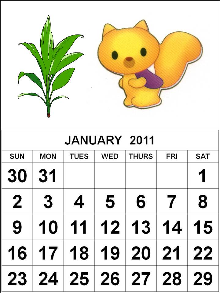 Free Printable January 2011 Calendar with big fonts