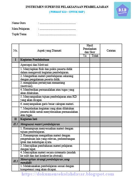 instrumen supervisi pelaksanaan pembelajaran k13 (kurikulum 2013) smp