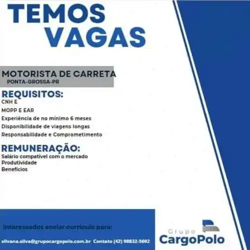 Anúncio de vagas para motoristas Grupo Cargo Polo