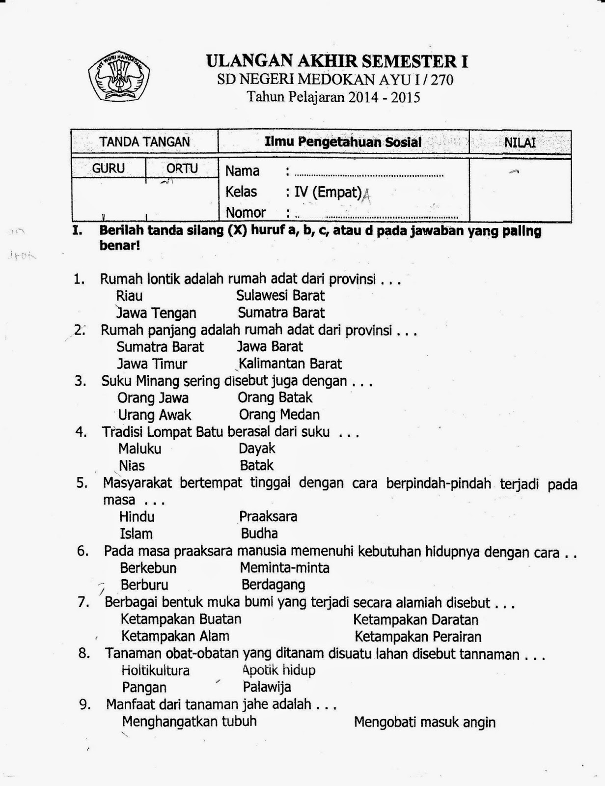 UAS Semester Ganjil IPS Kelas 4 SD TA 2014 2015