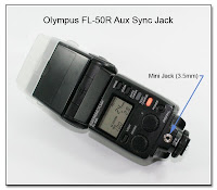 AS1030A: Olympus FL-50R Aux Sync Jack: Showing the Mini Jack (3.5mm) Centered in the Back Face of the Foot Assembly