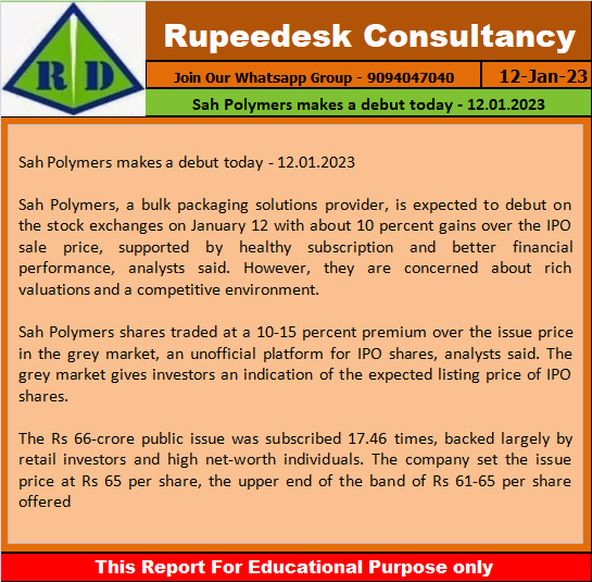 Sah Polymers makes a debut today - 12.01.2023