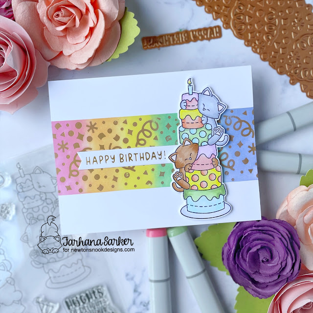 Cat Birthday card by Farhana Sarker | Confetti Hot Foil Plate, Birthday Greetings Hot Foil Plates, Banner Duo Die Set, and Newton's Birthday Delights Stamp Set by Newton's Nook Designs #newtonsnook #handmade