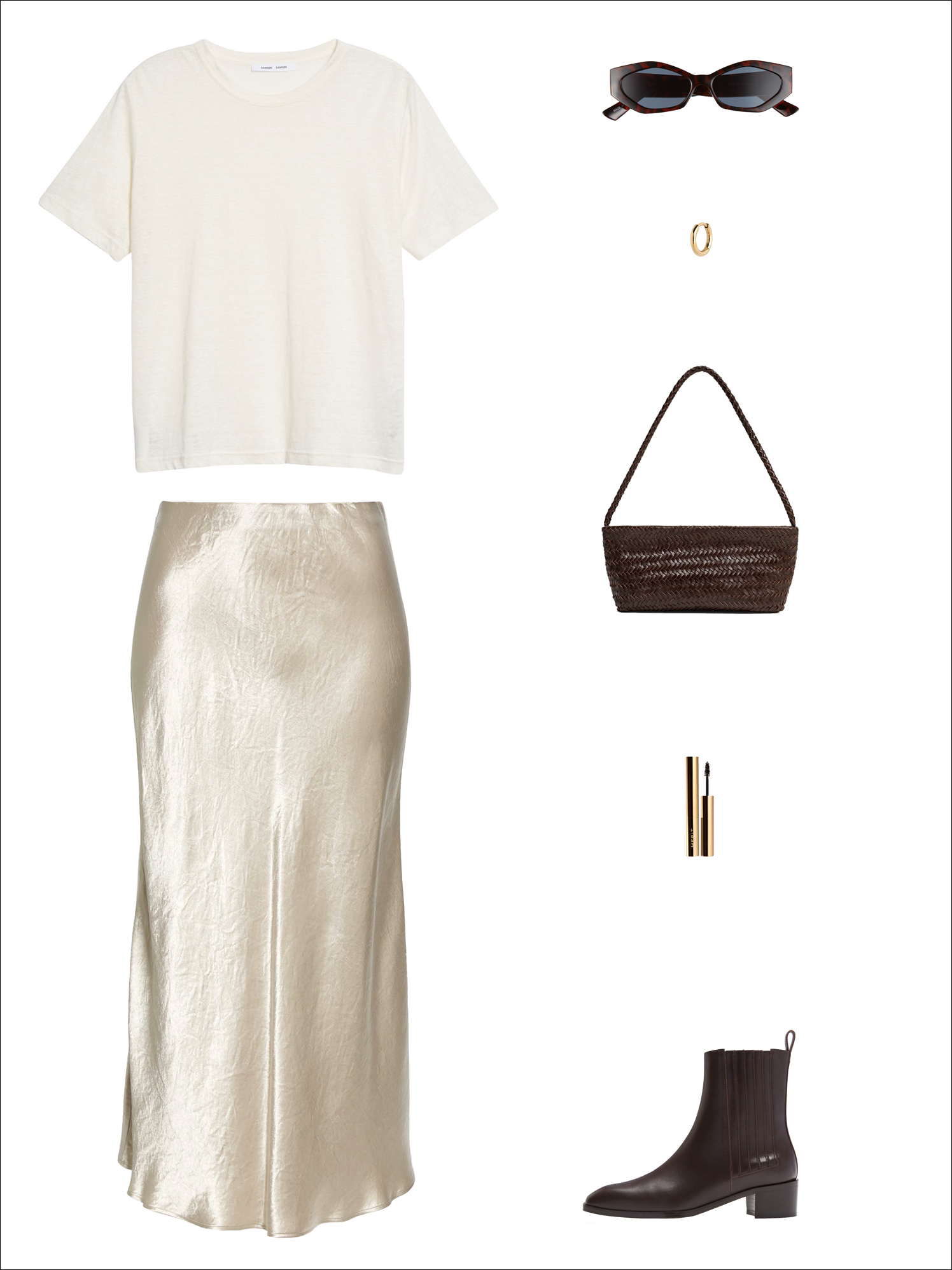 Transitional spring outfit idea with a white linen t-shirt, standout sunglasses, a cool hoop earring, braided bag, satin midi skirt, and brown Chelsea ankle boots