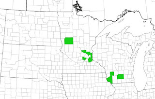 Distribution map of red hailstone in the Upper Midwest. Scattered counties in Minnesota are highlighted.