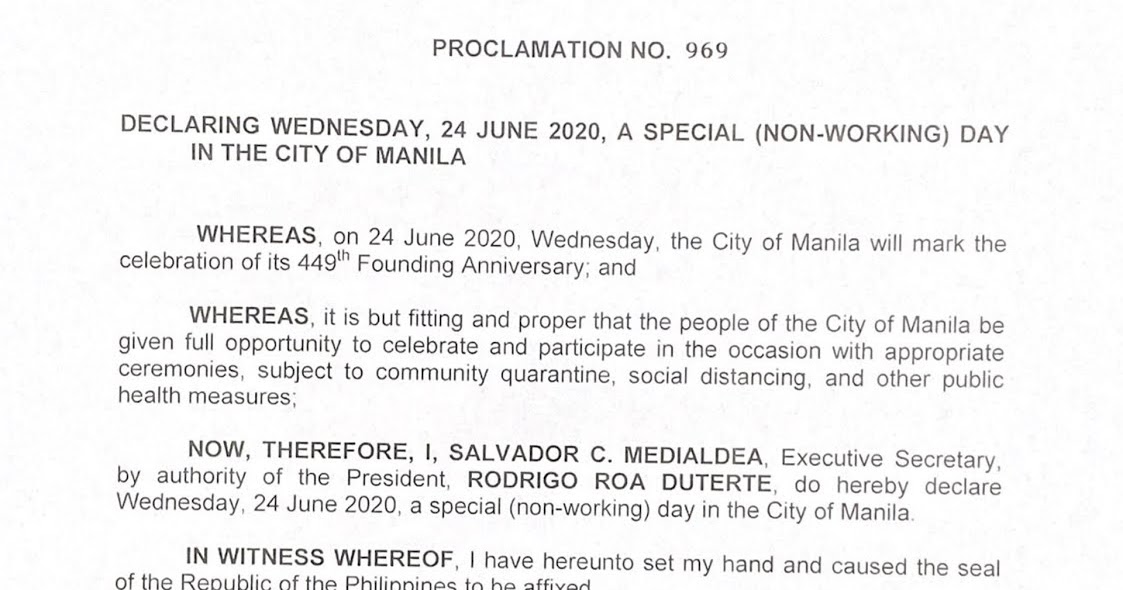 Philippine Holidays Special Non Working Day In The City Of Manila On June 24 Proclamation No 969 S