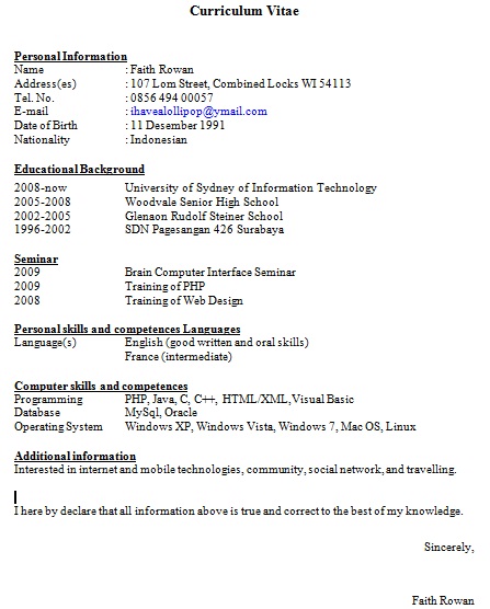 Contoh CV Curriculum Vitae Lengkap