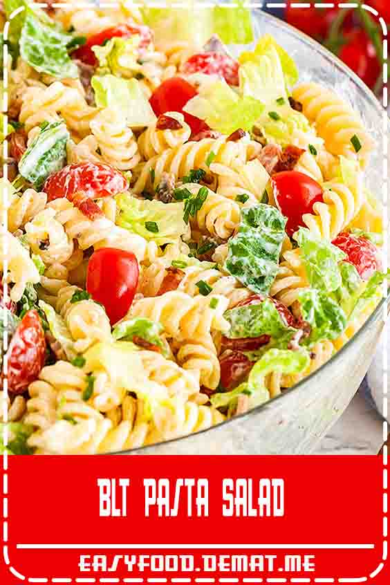 BLT Pasta Salad is bursting with flavor and so easy and quick to throw together. This simple but so delicious twist on your favorite sandwich is always a hit at potlucks and parties! #pastasalad Chickpeas#summersides#Beans#  