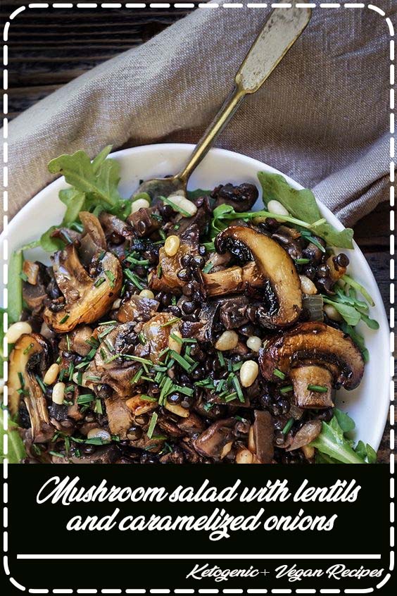 Mushroom salad with lentils and caramelized onions, topped with crunchy pine nuts and briny capers -it's a symphony of textures and fall flavors, and a fantastic meal in itself, that doubles up as the perfect potluck dish, or Thanksgiving side.