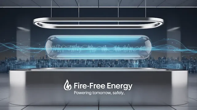 A futuristic product shot advertisement for "Fire-Free Energy," a revolutionary renewable energy solution, showcasing a sleek, transparent energy cell glowing with a soft, blue light, set against a backdrop of a thriving, futuristic cityscape. The cell is elegantly suspended within a minimalist, metallic frame, with subtle holographic projections displaying data visualizations of clean energy generation and distribution, illuminated by a cool, even lighting that emphasizes its advanced technology.
