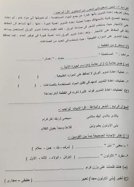 امتحانات فعلية لغة عربية للصف الرابع الإبتدائي أخر العام 2023 للتدريب 344767437_1392218531593661_8868097446952774791_n