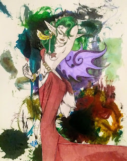 A mixed media artwork. The background is abstract colors, painted by a 2-year-old. The foreground is a seductive female demon collaged with fabric.