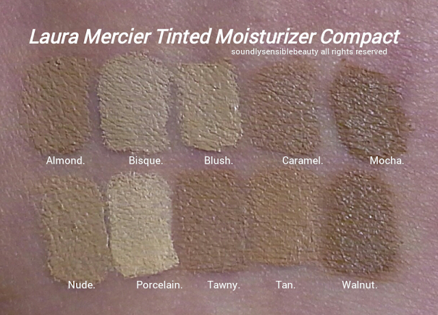 Laura Mercier Tinted Moisturizer Compact Cream Foundation SPF 25 Review & Swatches of Shades Almond, Bisque, Blush, Caramel, Mocha,  Nude, Porcelain, Tawny, Tan, Walnut,