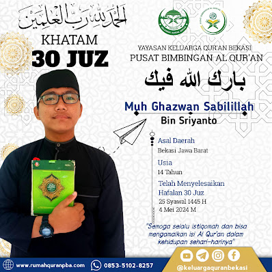 Barakallah Ananda Muh Ghazwan Sabilillah Telah Menyelesaikan Hafalan 30 Juz