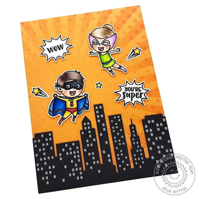 Sunny Studio Stamps: Super Duper Cityscape Border Dies Super Hero Themed Card by Anja Bytyqi