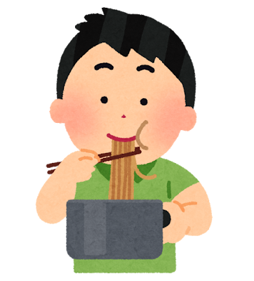 鍋から直接ラーメンを食べる人のイラスト