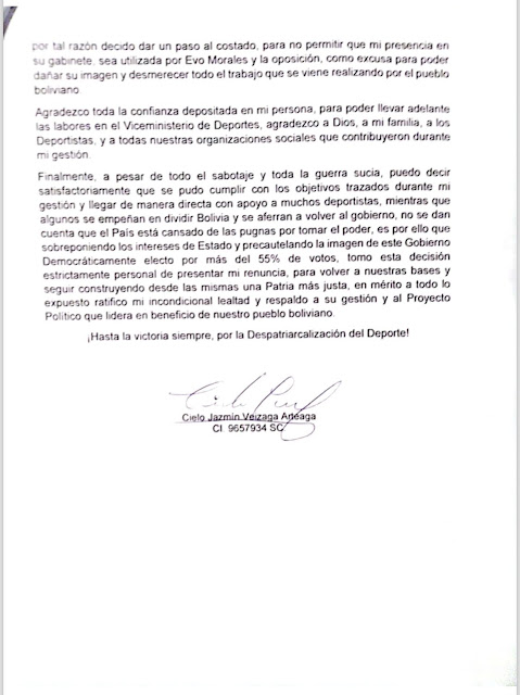 Carta de la Viceministra de Deportes Cielo Veizaga