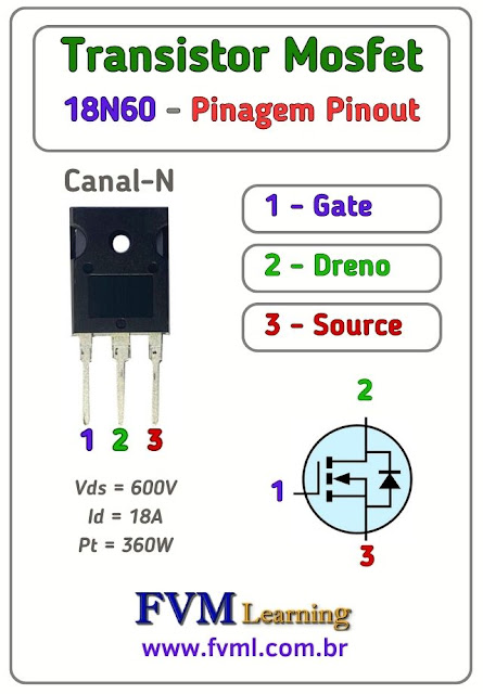 Datasheet-Pinagem-Pinout-Transistor-Mosfet-Canal-N-18N60-Características-Substituição-fvml