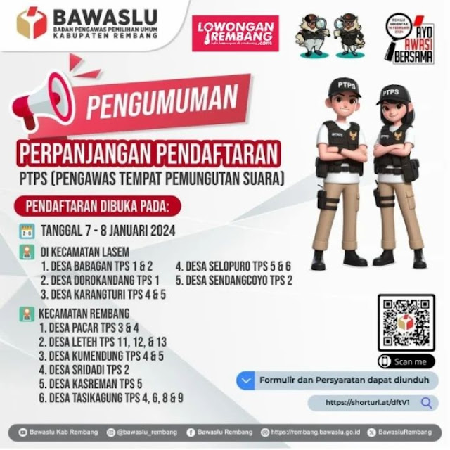 Pengumuman Perpanjangan Pendaftaran Pengawas Tempat Pemungutan Suara Bawaslu Rembang