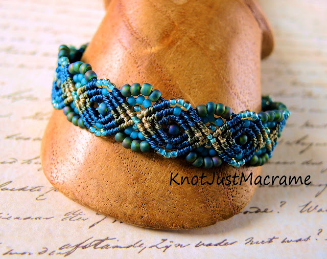 Peacock micro macrame bracelet in teal, olive and turquoise by Sherri Stokey.