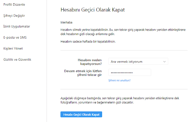 instagram hesabını geçici olarak kapatmak