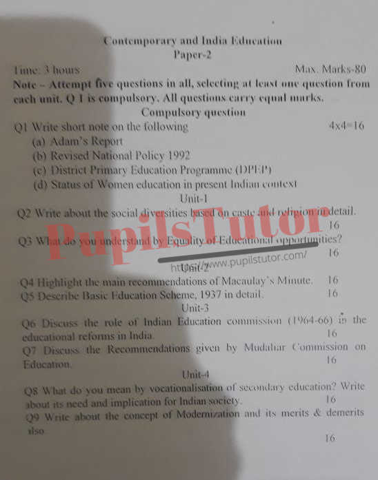 KUK (Kurukshetra University, Kurukshetra Haryana) BEd House Exam First Year Previous Year Contemporary India And Education Question Paper For 2022 Exam (Question Paper Page 1) - pupilstutor.com