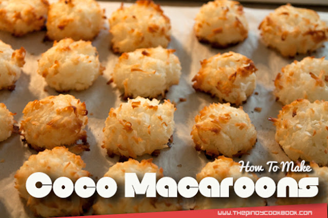 How to Make Coco Macaroons How to Bake baking Goldilocks Red Ribbon Razon Ralo Collete's Easy Cook Ingredients Secrets Recipe Desserts So What's Coco Macaroons?  Coconut Macaroons are chewy cookie like sweets that makes use of sweet shredded coconut as toppings. It is usually dipped in white chocolate to give it a richer flavor but this particular macaroon recipe is like no other. It is simple, easy, and delicious much like the ones you can purchase at well known pasalubong shops like Goldilocks and Red Ribbons. Although this is not exact recipe but I promise this is pretty close much like the original.  Making Coconut Macaroon can never be easier. There only 2 major steps that you will need to do: (1) mix all the ingredients together, and (2) bake them in a conventional oven. Once everything is done, it is time for you to enjoy your homemade Coconut Macaroons. A sure hit for kids and those pretending to be one, these awesome pieces of sweetness will surely put some smile on your children’s faces. So with that brief information in mind let's start making those macaroons.  How to Make Coco Macaroons Coconut Goldilocks Style Red Ribbon Ralos Razon Don Benito Business Maccaroons Latest Secret Ingredients How to Bake Baking Cooking Desserts  How To Make Coconut Macaroons Goldilocks Style RECIPE & TUTORIAL   Ingredients we need:   14 ounces (about 400 grams) Sweet Shredded Coconut (or Desecated Coconut) 1/2 cup butter 1/2 cup brown sugar 3 pieces raw eggs 14 ounces condensed milk  Step by Step Cooking Instructions:   1.)Place the butter in a big bowl and cream using a fork 2.)Add-in the brown sugar and mix well 3.)Add the eggs and condensed milk then stir/beat until all ingredients are blended 4.)Put-in the Sweetened Shredded Coconut and distribute evenly with the other ingredient in the mixture 5.)In a mold (with paper cups if possible), place 1 tablespoon of the mixture on each of the cups 6.)Pre-heat oven at 370 degrees Fahrenheit for 10 minutes 7.)Bake the Coconut Macaroon mixture for 20 to 30 minutes or until color turns golden brown. 8.) You're done! Serve during dessert or snack time.  Cooking Video Tutorial:    Enjoyed our Coconut Macaroons Recipe? Feel free to browse more dessert recipes here at the Pinoy Cookbook.