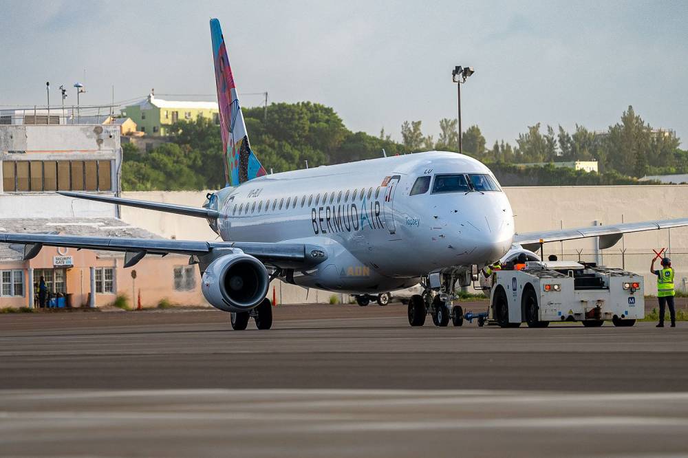 BermudAir's Embraer E175 aircraft preparing for take-off, marking its expansion into the U.S. market.