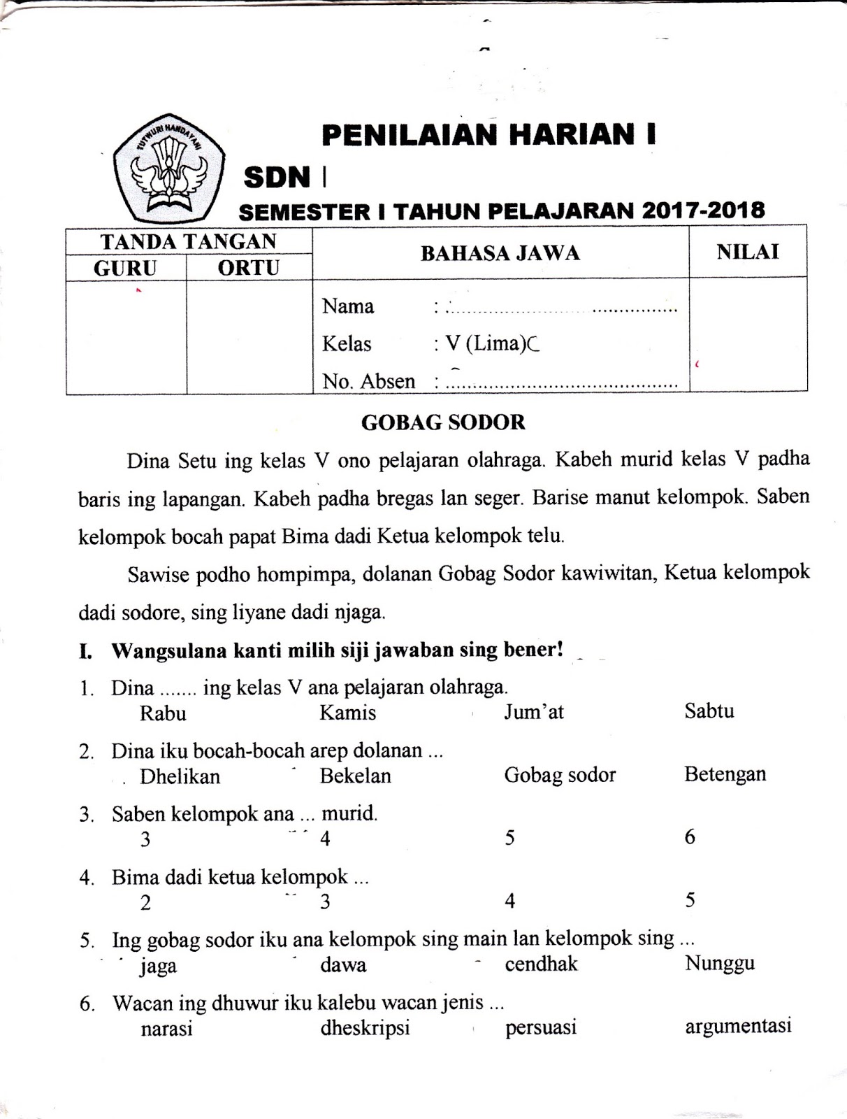 Penilaian Harian Bahasa Jawa SD Kelas 5 TA 2017 2018 Semester Ganjil Kurikulum 2013 Halaman 1