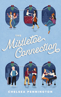 A light blue background with six ovals of darker blue. In front of each oval is an illustration of one or two characters, with mistletoe hanging at the top of the oval. In white script font in the middle is the title The Mistletoe Connection, and in white block letters at the bottom is the author name Chelsea Pennington.