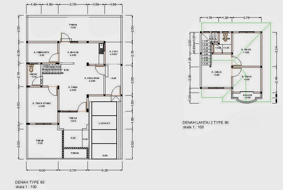 Desain Denah Rumah Minimalis 2 Lantai type 90