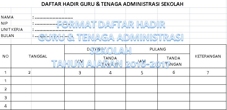 Contoh Format Daftar Hadir Guru dan Tenaga Administrasi Sekolah Tahun 2016 Manual dengan Microsoft Excel