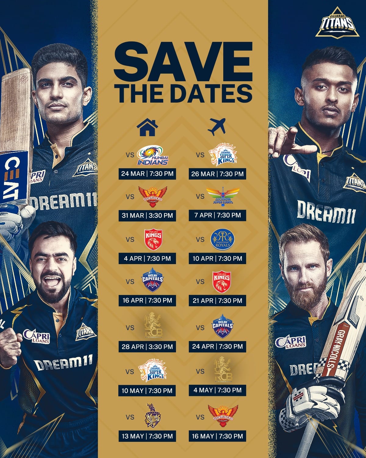 Image of GUJARAT TITANS (GT) all match ipl schedule list 2024