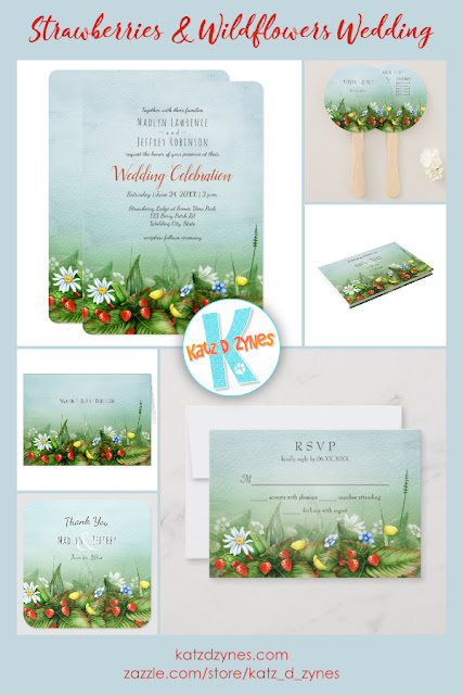 Strawberries and wildflowers custom wedding invitations collection