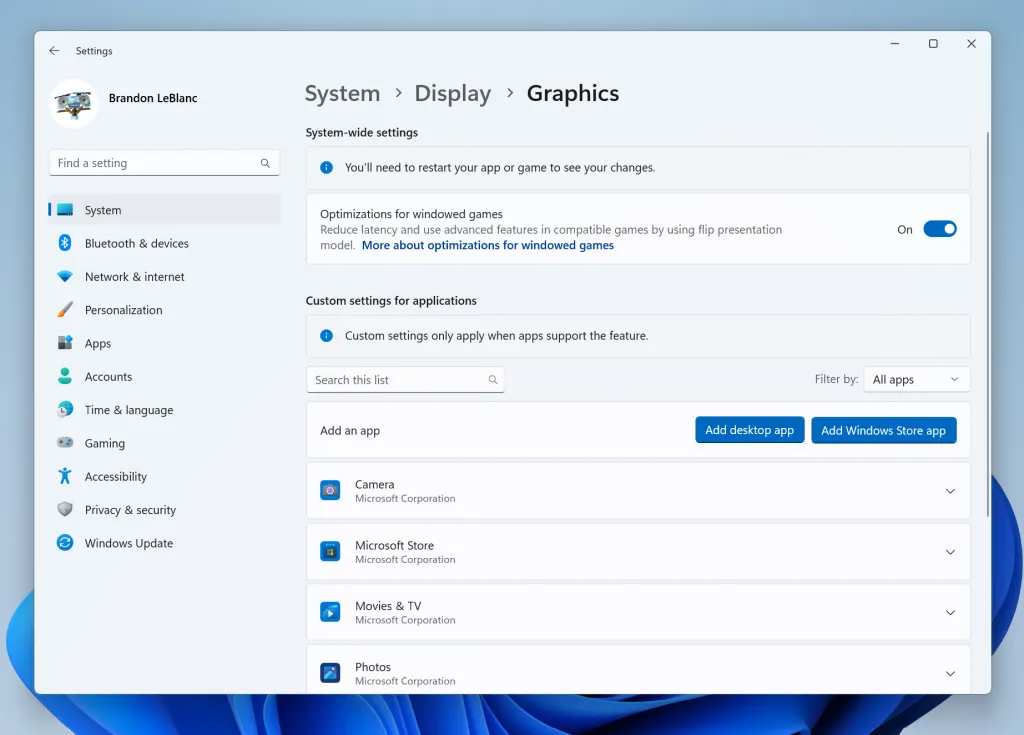 [Impostazioni] In linea con i nuovi principi di progettazione di Windows 11, abbiamo ridisegnato la pagina delle impostazioni grafiche in Impostazioni > Display > Grafica per aiutarti a ottenere configurazioni grafiche come "Preferenza GPU" e "HDR automatico" con maggiore facilità. La funzionalità di queste impostazioni rimane invariata rispetto alle versioni precedenti di Windows, ma ora abbiamo un aspetto visivo più snello.   Quando si rimuove un dispositivo Bluetooth accoppiato da Impostazioni > Bluetooth e dispositivi, non verrà più visualizzata una richiesta di conferma prima della rimozione.