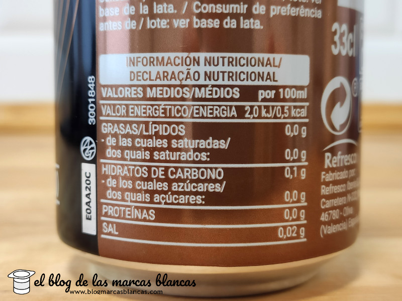 Información nutricional del Refresco de cola zero sin cafeína HACENDADO (Mercadona) tipo Coca-Cola Zero Zero en El Blog de las Marcas Blancas