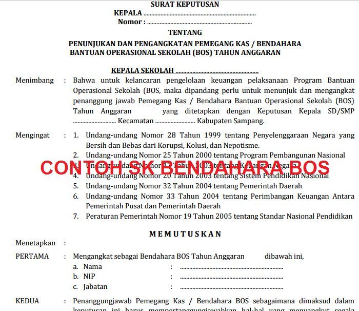 Contoh SK Bendahara BOS SD, SMP, SMA dan SMK Tahun 2017 