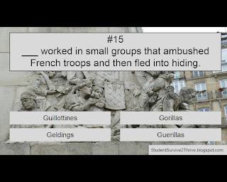 ___ worked in small groups that ambushed French troops and then fled into hiding. Answer choices include: Guillotines, Gorillas, Geldings, Guerillas