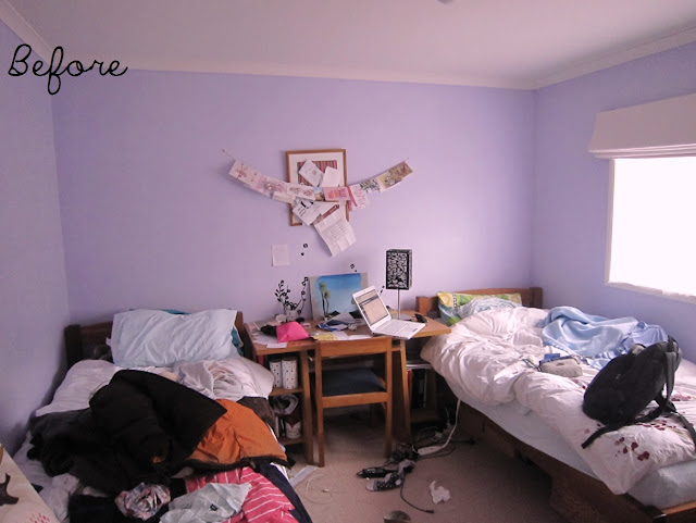 Bedroom before and after - purple to neutral by Amy MacLeod