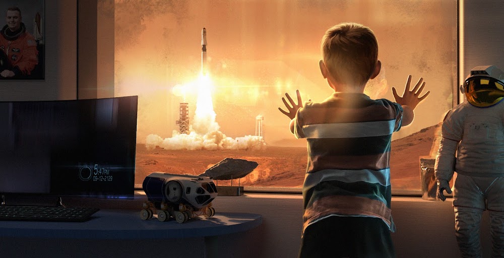 Boy watching a rocket launch from Mars by Arthur Gore