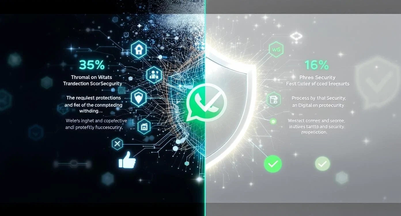 Visual impact cinematografico prima e dopo trasformazione sicurezza WhatsApp con statistiche di miglioramento