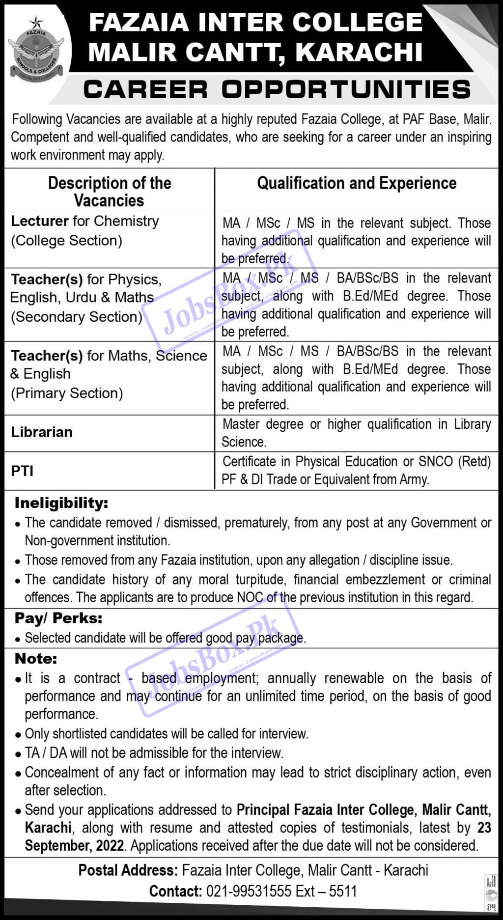 Fazaia Inter College FIC Malir Cantt Karachi Jobs 2022