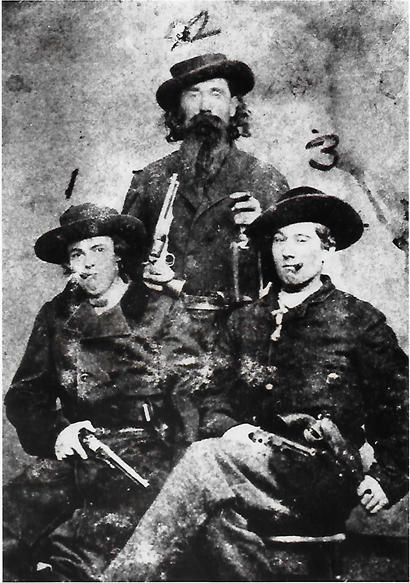 Arch Clements, Dave Pool, and Bill Hendricks brandishing revolvers in Sherman, Texas, 1863